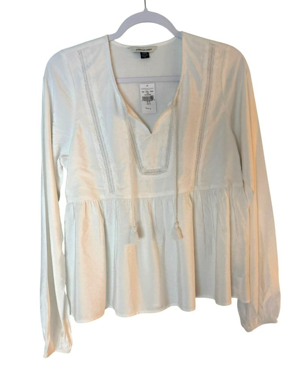 NWT American Eagle Tassel Tie Lace Details Long Sleeve Peasant Blouse  Small